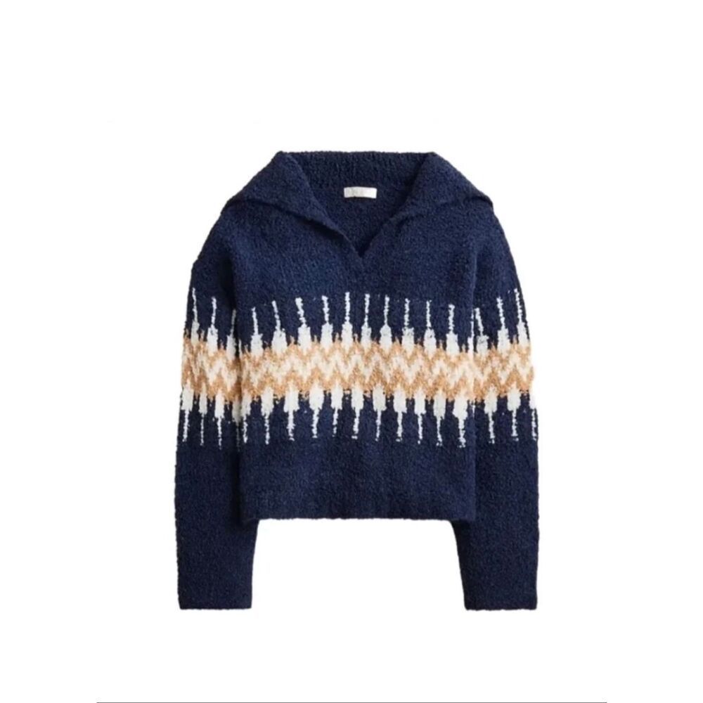 J Crew Sweater Fair Isle Johnny-Collar Boucle Yarn Wool Blend Navy Blue size Med